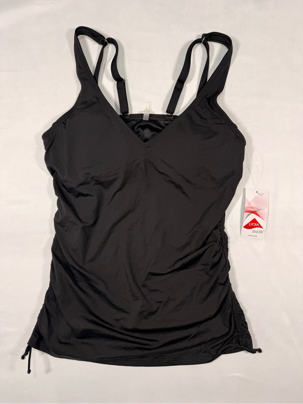 Lands’ End Black Ruched Tankini Swim Top Size 6 Long NWT
